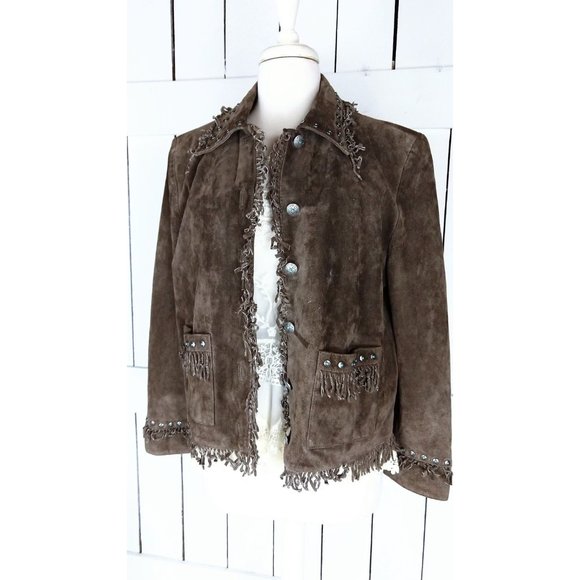 Vintage 90s brown suede leather beaded fringe country western boho jacket - Picture 4 of 8